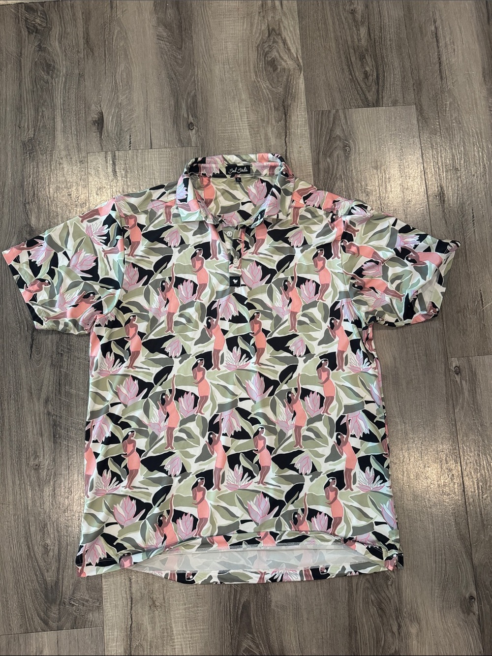 Bad Birdie Tropical Figure Print Polo in Pink, Green & Black XL